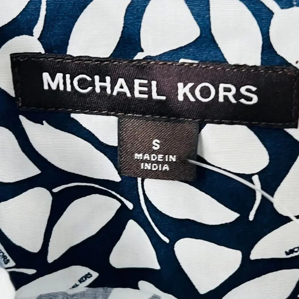 Michael Kors Button Front Blouse Size S Navy White Print Cotton